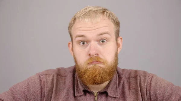 Close up of cheerful male boss with beard looking to camera and smiling. — Stock Photo, Image