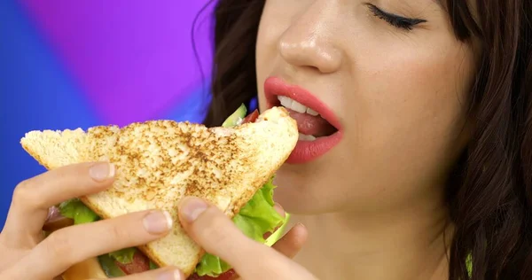 Портрет брюнетки, поедающей сэндвич на обед. — стоковое фото