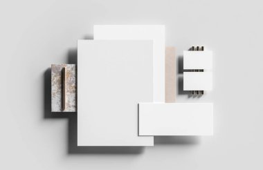 Şirket kimlik kağıtları modern tarz arka planında izole edilmiş bir şekilde oluşturuluyor. Kimlik tespiti için hazırlan. 3B illüstrasyon