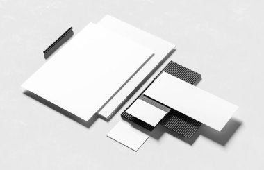 Şirket kimlik kağıtları modern tarz arka planında izole edilmiş bir şekilde oluşturuluyor. Kimlik tespiti için hazırlan. 3B illüstrasyon