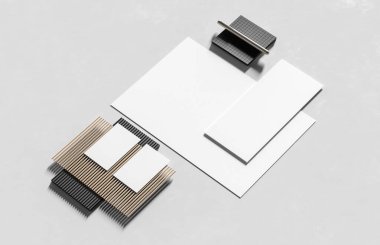 Şirket kimlik kağıtları modern tarz arka planında izole edilmiş bir şekilde oluşturuluyor. Kimlik tespiti için hazırlan. 3B illüstrasyon