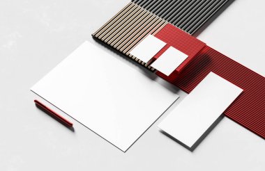 Şirket kimlik kağıtları modern tarz arka planında izole edilmiş bir şekilde oluşturuluyor. Kimlik tespiti için hazırlan. 3B illüstrasyon