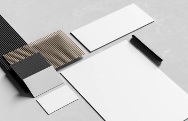 Şirket kimlik kağıtları modern tarz arka planında izole edilmiş bir şekilde oluşturuluyor. Kimlik tespiti için hazırlan. 3B illüstrasyon