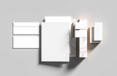 Şirket kimlik kağıtları modern tarz arka planında izole edilmiş bir şekilde oluşturuluyor. Kimlik tespiti için hazırlan. 3B illüstrasyon