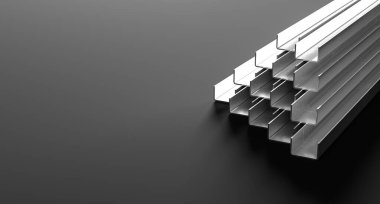Metal profiller koyu arkaplanda izole edilmiş. Yapısal destek için çelik profiller. 3B illüstrasyon