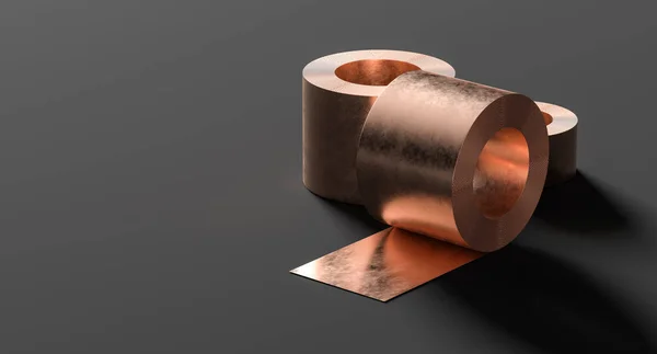 Rolled copper sheet isolated on dark background. Copper sheet is tiwsted into a large rolls. 3D illustration.