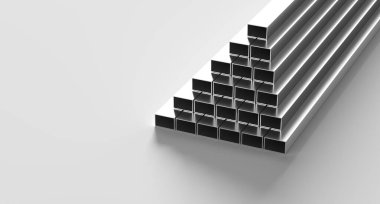 Alüminyum ya da çelik profiller. Bir yığın alüminyum ya da çelik profil. 3B illüstrasyon