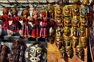 Maskeler ve kuklalar Hindu tanrılarını temsil ediyor, Kathmandu caddesinde sergileniyor. Nepal 'in egzotik başkenti, Himalayalar Sırtı yakınlarında. Yağlı boya filtresi.