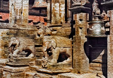Bhaktapur tapınağında mitolojik yaratıkları ve çanı temsil eden heykeller. Nepal 'in kırsalında eski bir köy. Yağlı boya filtresi.