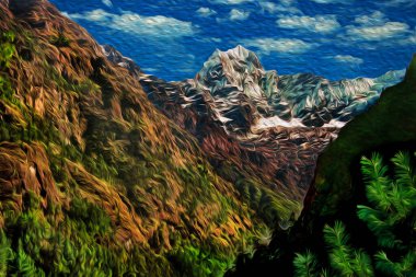 Muazzam karlı dağlar ve Himalaya sırtının ortasındaki derin vadiler. Nepal 'deki en büyük ve en yüksek dağ sırası. Yağlı boya filtresiName.