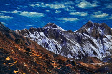 Himalaya Tepesi 'nde karlı dağlar ve mavi gökyüzü olan derin vadiler. Nepal 'deki en büyük ve en yüksek dağ sırası. Yağlı boya filtresiName.