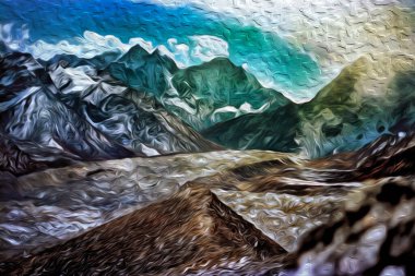 Himalayalar 'daki Kala Patthar zirvesinden görünen dağlar ve derin vadiler. Nepal 'deki en büyük ve en yüksek dağ sırası. Yağlı boya filtresiName.