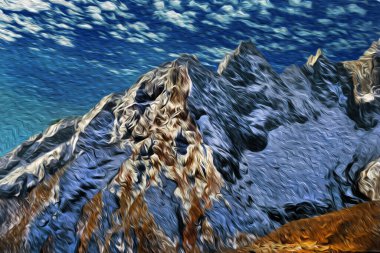 Himalaya Tepesi 'nde karlı dağlar ve mavi gökyüzü olan derin vadiler. Nepal 'deki en büyük ve en yüksek dağ sırası. Yağlı boya filtresiName.