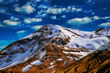 Torres del Paine Ulusal Parkı 'nda karlı tepeleri olan bir dağ manzarası. Şili Patagonya 'da tepeler ve göllerle dolu bir bölge. Yağlı boya filtresi.