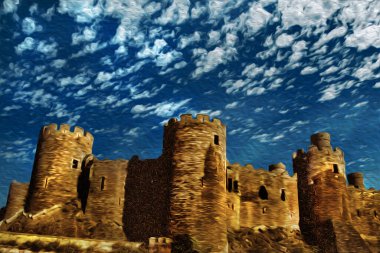 Conwy Kalesi 'nde merlonları olan kuleler ve taş dış duvarlar. Galler 'de iyi korunmuş bir ortaçağ şatosu olan tarihi bir kasaba. Yağlı boya filtresi.