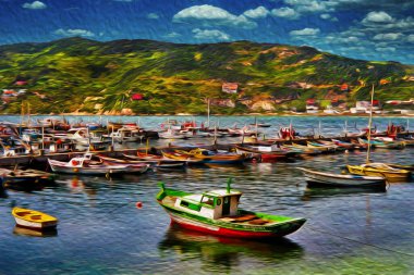 Arraial do Cabo limanına demirlemiş küçük balıkçı tekneleri. Brezilya 'nın çarpıcı doğal güzellikte bir bölgesindeki bir köy. Yağlı boya filtresiName.