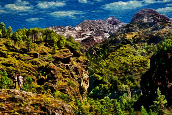 Mensen Poseren Voor Hoge Bergen Groene Valleien Himalaya Grootste Hoogste — Stockfoto
