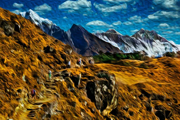 ヒマラヤ尾根の崖や深い谷を通るトレイルの人々 ネパールでは世界最大の山脈である 油絵具フィルター — ストック写真