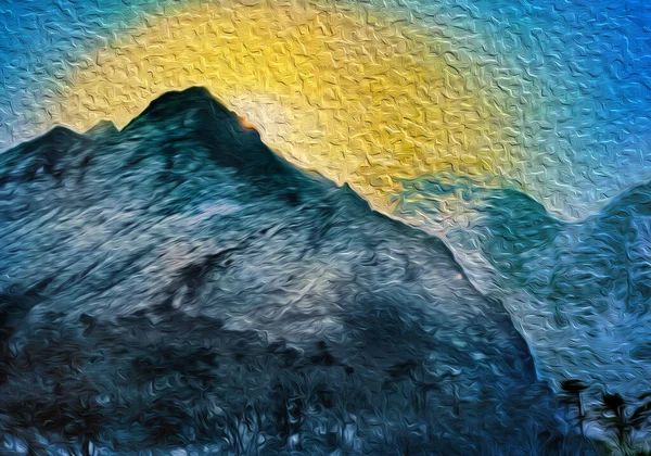 ヒマラヤの雪の山と深い谷の後ろの日の出 ネパールでは世界最大の山脈である 油絵具フィルター — ストック写真