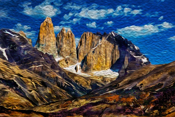 トーレス ペイン国立公園の雪のピークと山の風景 パタゴニアの山と湖に囲まれた地域 油絵具フィルター — ストック写真