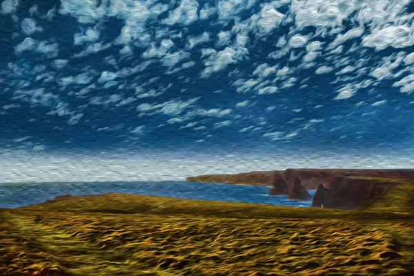 スコットランド北部の海岸線では 晴れた日に海に落ちる奇妙な急な崖 油絵具フィルター — ストック写真