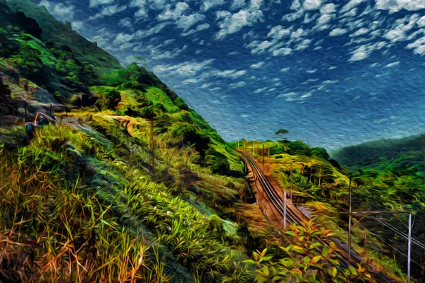 Потяг Залізничної Лінії Проходить Через Крутий Схил Тропічному Лісі Біля — стокове фото