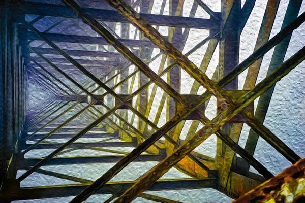 Туман Ржавые Железные Балки Мостом Старой Заброшенной Железнодорожной Линии Около — стоковое фото