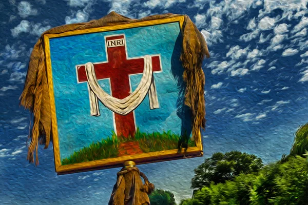 Detailní Záběr Christiana Crosse Namalovaného Dřevěné Desce Jako Oratoř Modrou — Stock fotografie