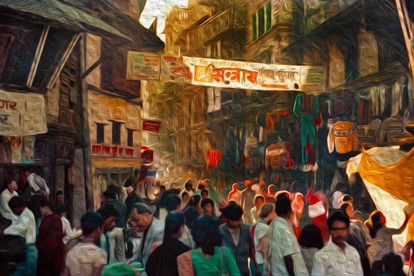 Himalaya Nepal September 1990 Crowd Narrow Street Kathmandu City Center — Stock Photo, Image