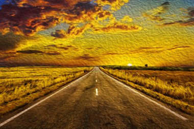 İspanya 'daki Monfrague Ulusal Parkı' nın yakınındaki kırsal araziden ve gün batımından düz kaldırımlı yol geçiyor. Yağlı boya filtresi.