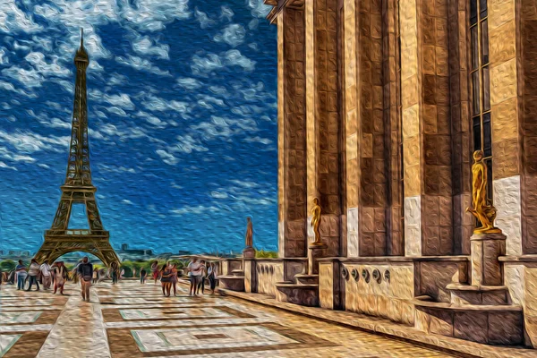 Люди Площі Трокадеро Ейфелевою Вежею Задньому Плані Парижі Чарівна Столиця — стокове фото