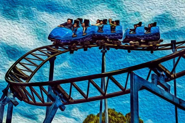 Люди Синьому Візку Розважаються Американських Гірках Парку Розваг Біля Канели — стокове фото