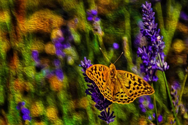 美しい蝶はマルバオの庭でラベンダーの花に着陸しました ポルトガルの花崗岩の岩場に佇む素晴らしい村 油絵具フィルター — ストック写真