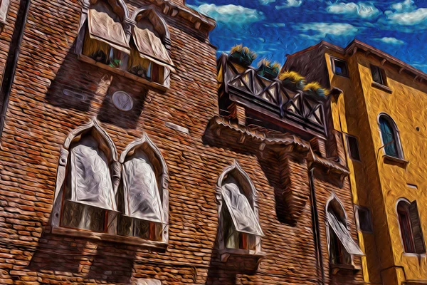 Windows in old brick building with fabric blinds and blue sunny sky in Venice. The historic and amazing marine city in Italy. Oil paint filter.