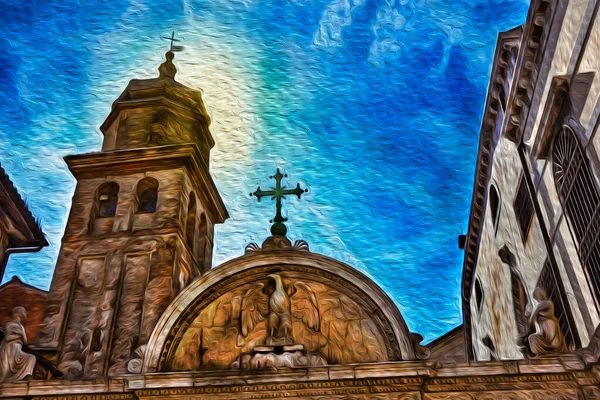 威尼斯的雕刻大理石大门和蓝天教堂钟楼的特写 意大利这个历史性的 令人惊叹的海洋城市 油漆过滤器 — 图库照片
