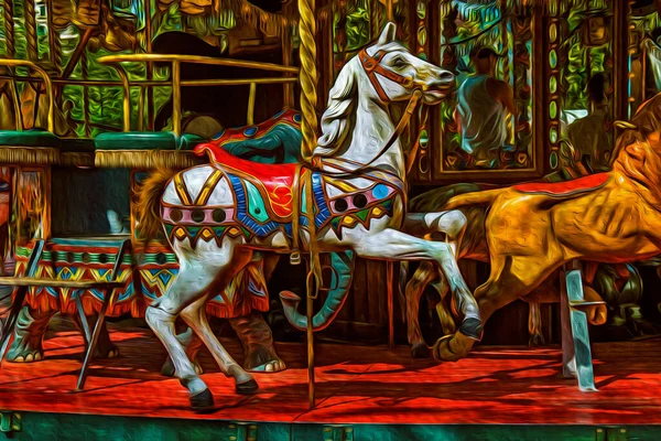 アヌシーの遊園地で白い馬とカラフルなカルーセル フランスに位置する歴史的で美しい湖畔の町 油絵具フィルター — ストック写真