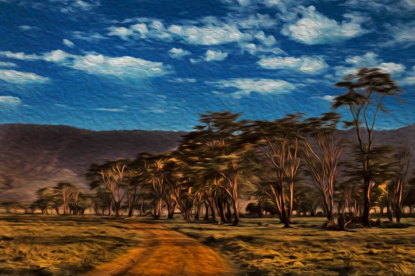 Ngorongoro保全地域で平らな草原の木や道路 タンザニアのアフリカサバンナにある野生動物公園 油絵具フィルター — ストック写真