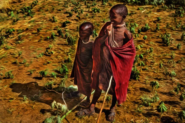 Serengeti Tanzania February 1997 Maasai Children Dressed Typical Clothes Serengeti — Stock Photo, Image