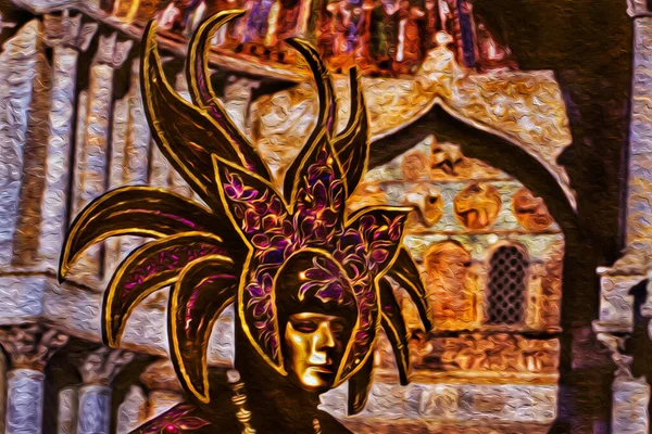 ヴェネツィアのカーニバルでマスクとカラフルな衣装を着てカーニバルの啓示者 イタリアの運河と宮殿でいっぱいの歴史的で素晴らしい都市 — ストック写真