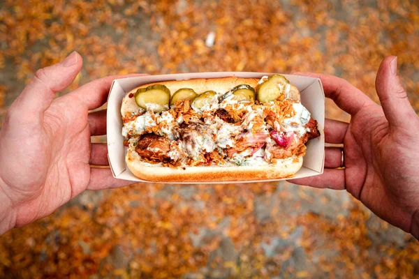 Füme doğranmış et ve salatalık turşulu fast food sosislisi.