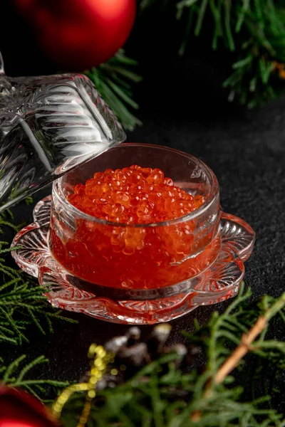 Red Caviar Dark Christmas Background Decorated Toys Branches — Zdjęcie stockowe