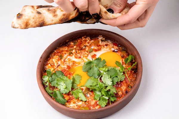 Shakshuka Herbs Cheese Fresh Pastries Light Background — Foto Stock