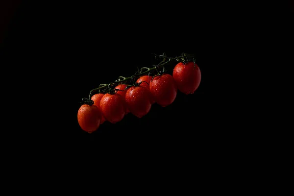 Cherry Tomatoes Branch Black Background Water Drops Tomatoes — 스톡 사진