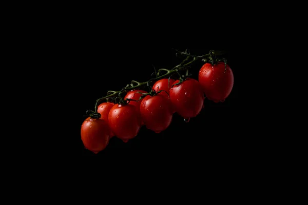 Freeze Motion Cherry Tomatoes Black Background Splashing Water — Fotografia de Stock