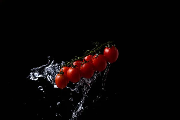 Freeze Motion Cherry Tomatoes Black Background Splashing Water — Fotografia de Stock