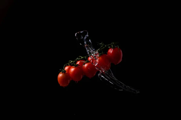 Freeze Motion Cherry Tomatoes Black Background Splashing Water — Stockfoto