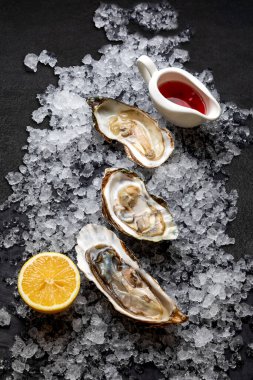 Açılmış taze istiridyeler, buzun üstünde, karanlık bir arka planda.
