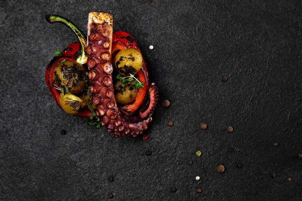 Sea Delicacy Grilled Octopus Dish Dark Background Stock Picture