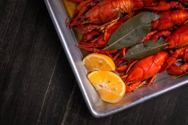 Bira için lezzet, limonlu haşlanmış kırmızı kerevit ve körfez yapraklı.