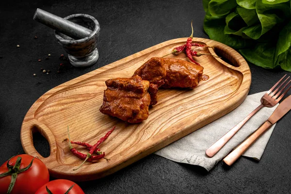 Spicy Ribs Served Board Hot Chili Peppers Dark Background — Stock Photo, Image